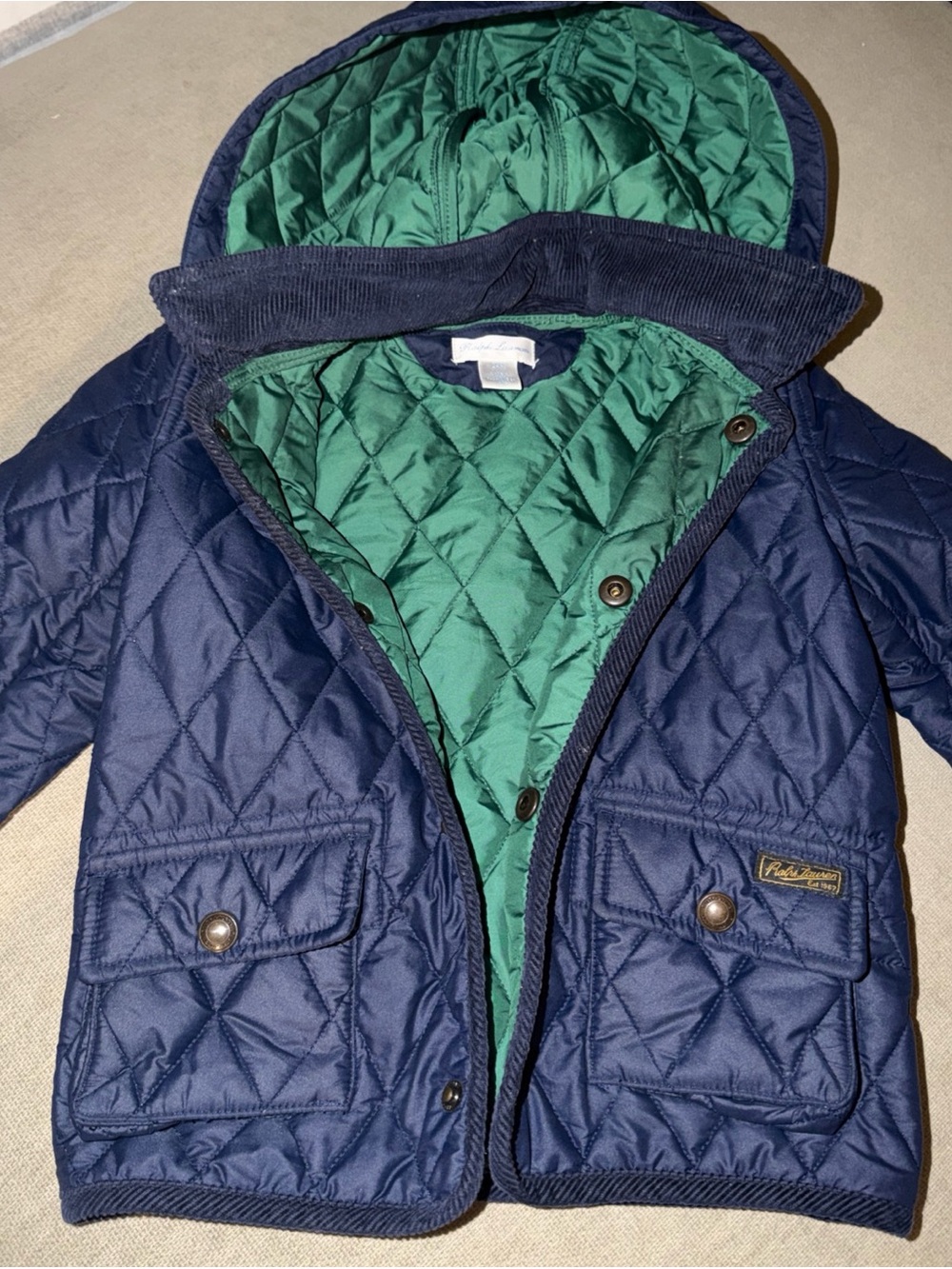 Ralph Lauren Navy Quilted Puffer Jacket with Green Lining